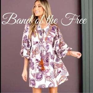 Band of the Free Purple Paisley Long Sleeve Mini Dress Size Small Boho Festival